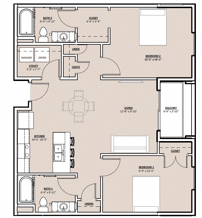 Floor plan for 2 beds, 2 baths, 1060 sqft
